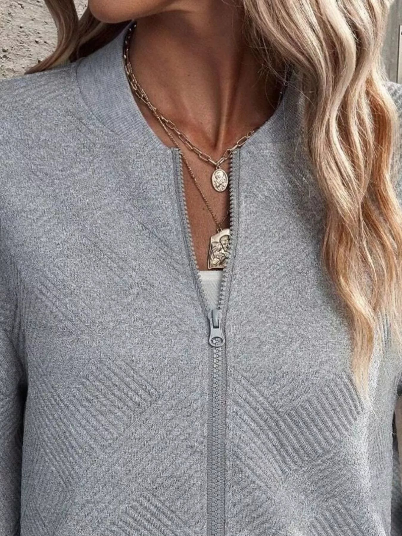 Full Size Zip Up Long Sleeve Textured Jacket Plus Size-tidenox