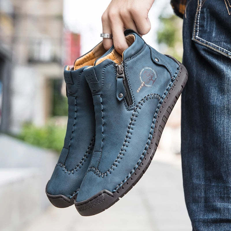 Zipper Plush Ankle Leather Orthopedic Shoes For Men Nonslip Boots-tidenox