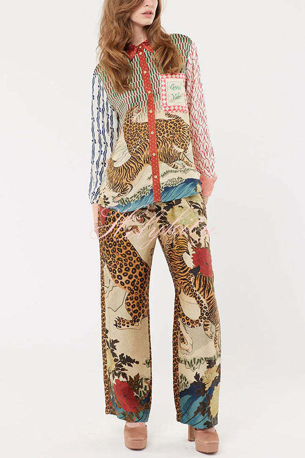 Tropical Jungle Tiger Unique Print Long Sleeve Loose Shirt and Elastic Waist Pants Set-tidenox