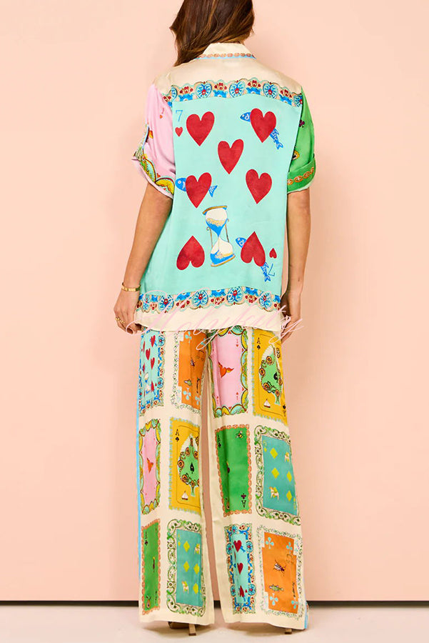 Funny Poker Summer Satin Unique Print Elastic Waist Pocketed Wide Leg Pants-tidenox