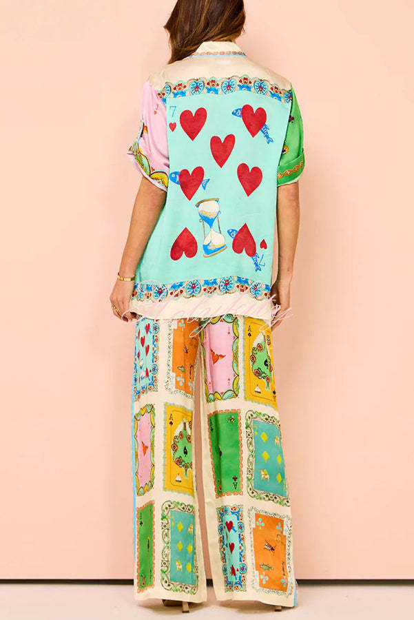 Funny Poker Summer Satin Unique Print Elastic Waist Pocketed Wide Leg Pants-tidenox