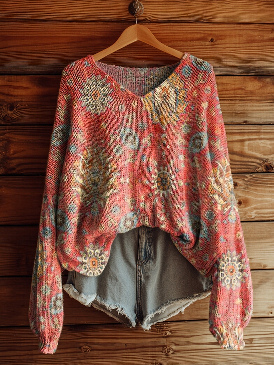 Women's Retro Ethnic Totem Art Pattern Print Casual V Neck Pullover Sweater-tidenox