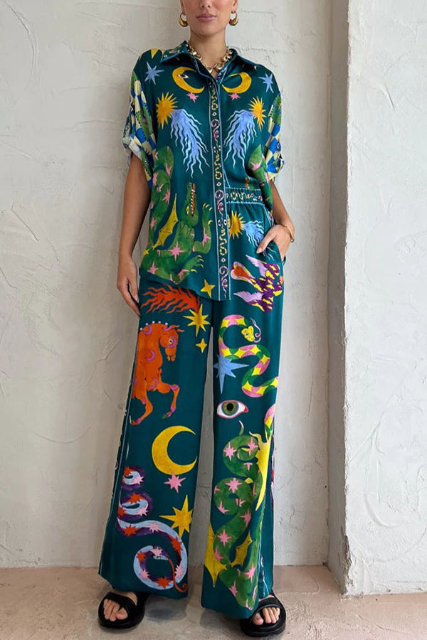 Beachy Chic Linen Blend Unique Print Button Down Oversized Blouse-tidenox