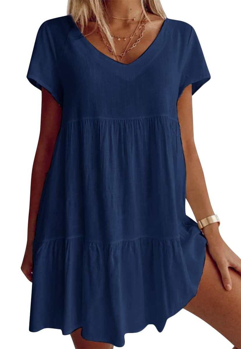 Plus Size Cotton-Blend V Neck Casual Short Sleeve Weaving Dress-tidenox