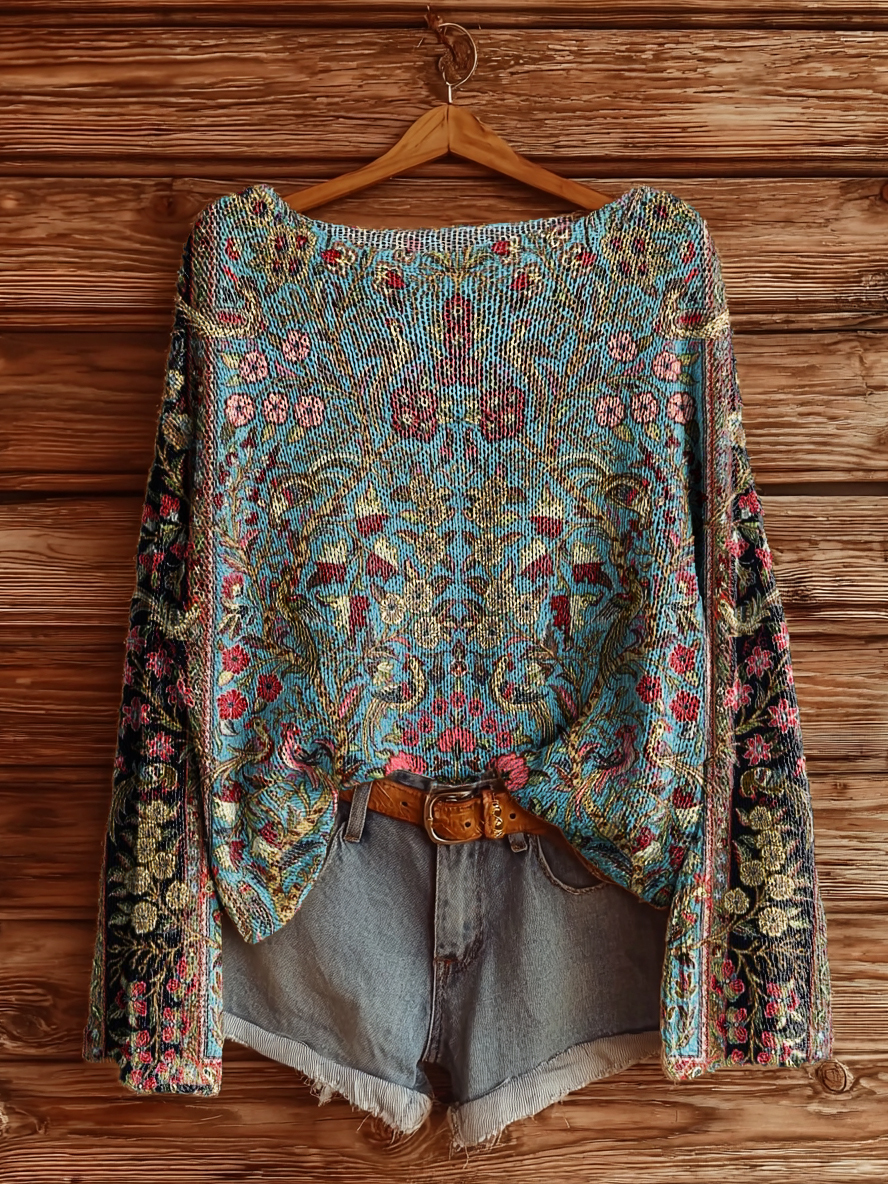 Women's Vintage Ethnic Floral Art Print Casual Pullover Sweater-tidenox