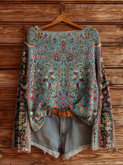 Women's Vintage Ethnic Floral Art Print Casual Pullover Sweater-tidenox