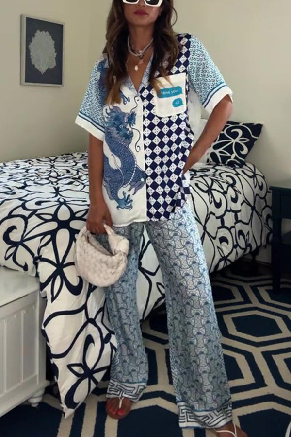 Unique Dragon Print Short Sleeve Loose Shirt and Elastic Waist Pocket Pants Silk Satin Set-tidenox
