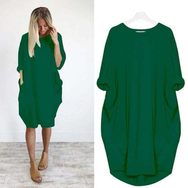💝17 Colors Women Casual Loose Pocket Long Sleeves Dress-tidenox