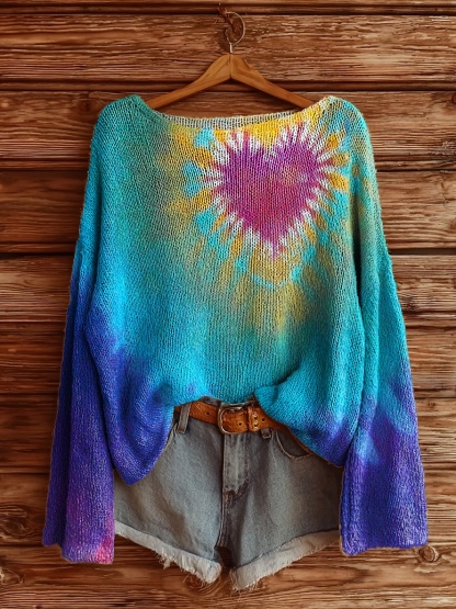 Women's Heart Tie-Dye Art Pattern Print Casual Pullover Sweater-tidenox