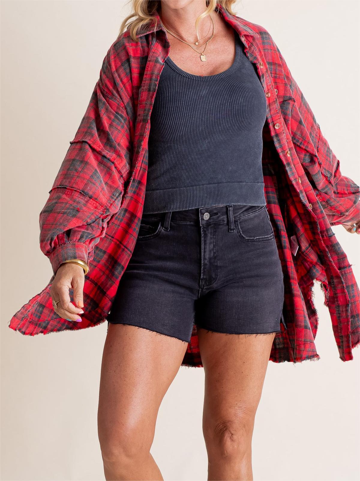 Women's Seams Raw Edge Washed Oversized Shirt Jacket with Pockets-tidenox
