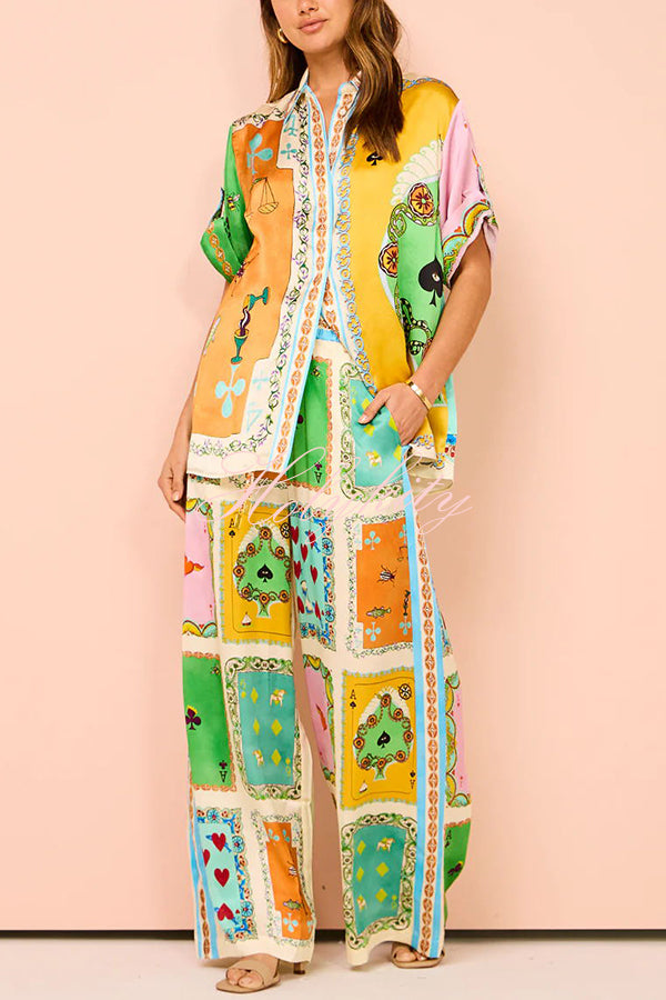 Funny Poker Summer Satin Unique Print Elastic Waist Pocketed Wide Leg Pants-tidenox