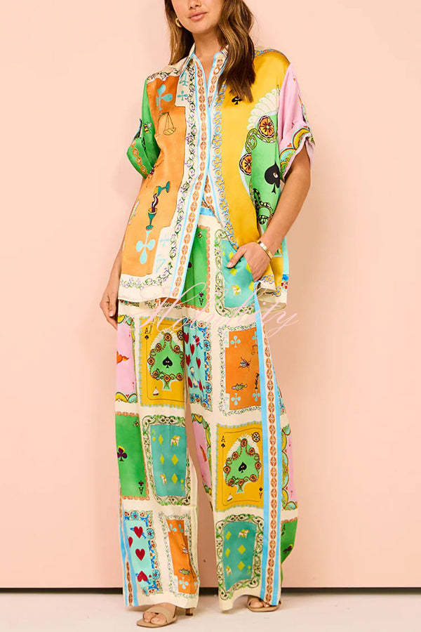 Funny Poker Summer Satin Unique Print Elastic Waist Pocketed Wide Leg Pants-tidenox