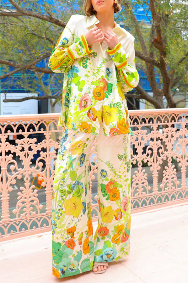 Marielle Satin Floral Print Back Elastic Waist Pocketed Wide Leg Pants-tidenox