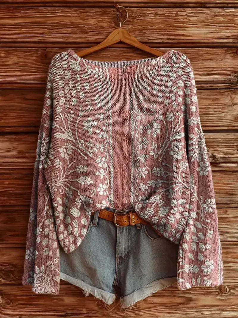 Women's Pink Floral Print Sweater - 3D Digital Floral Print High Neck Loose Fit Sweater with Ruffled Edges-tidenox