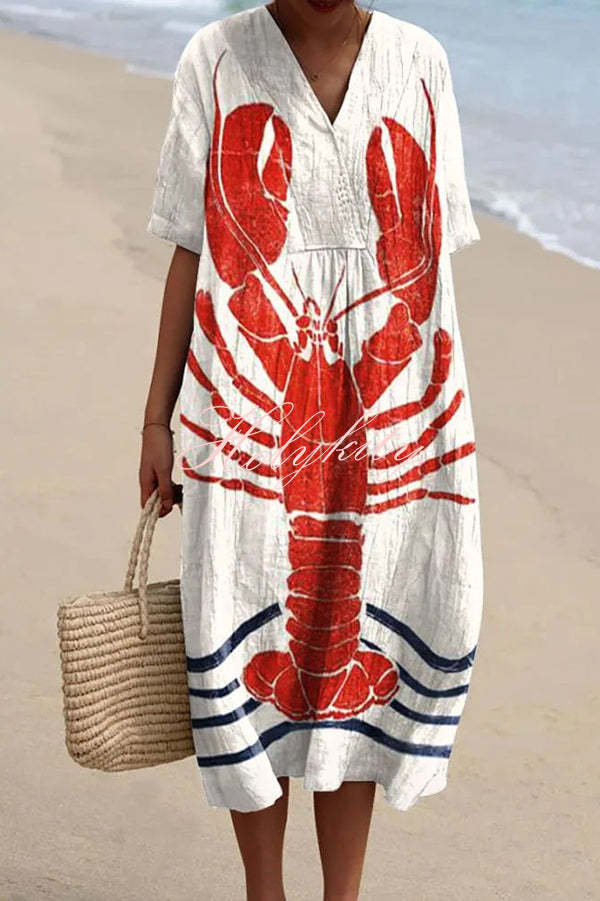 Unique Marine Print V-neck Short-sleeved Midi Dress-tidenox