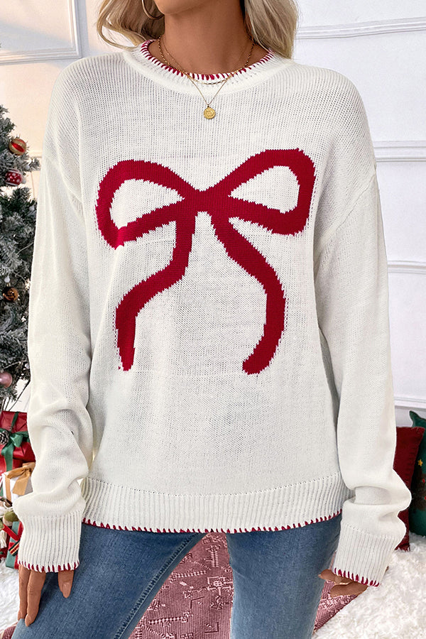 Christmas Contrasting Color Big Bow Round Neck Long Sleeve Loose Knitt