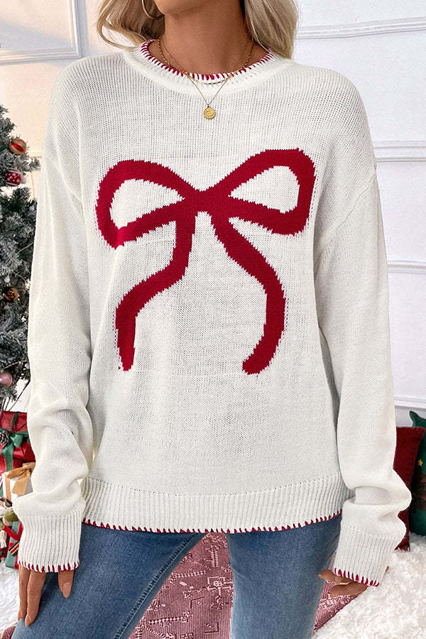 Christmas Contrasting Color Big Bow Round Neck Long Sleeve Loose Knitt