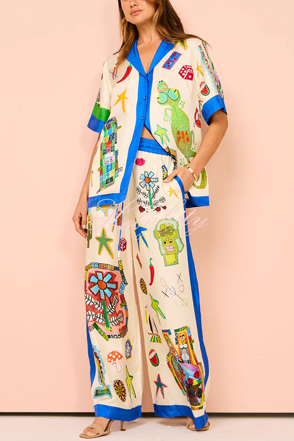 Vibrant Beach Satin Unique Print Colorblock Trim Button Down Oversized Blouse-tidenox