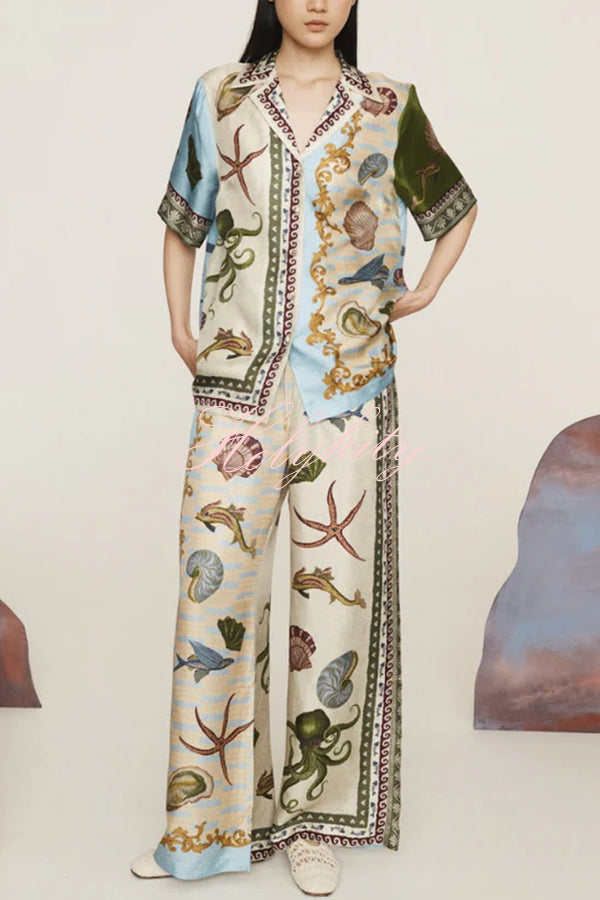 Deep Sea Dreaming Satin Unique Print Short Sleeve Shirt and Elastic Waist Pocketed Pants Set-tidenox