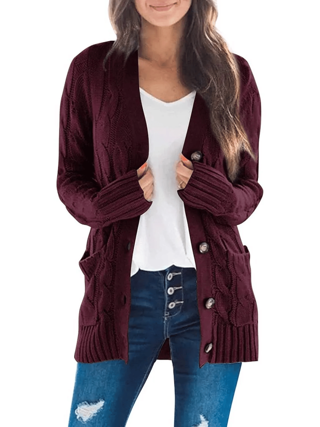 Women's Fall Casual Long Sleeve Button Down Open Front Cable Knit Cardigan-tidenox