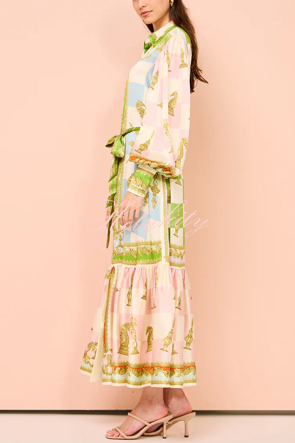 Garden Party Satin Unique Print Balloon Sleeve Belted Shirt Maxi Dress-tidenox