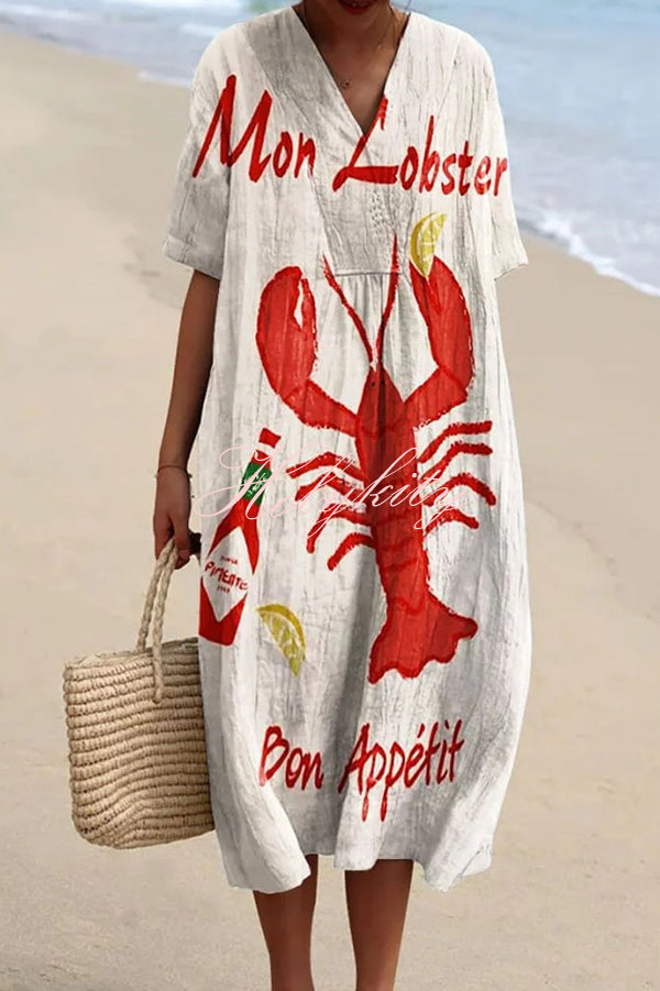 Unique Marine Print V-neck Short-sleeved Midi Dress-tidenox