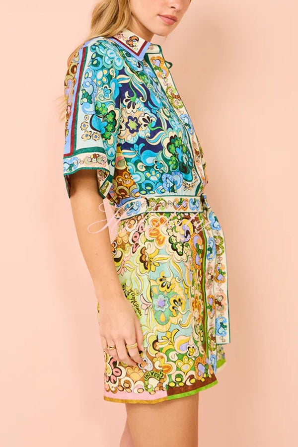 Sasha Linen Blend Unique Printed Shirt Style Tie-waist Mini Dress-tidenox