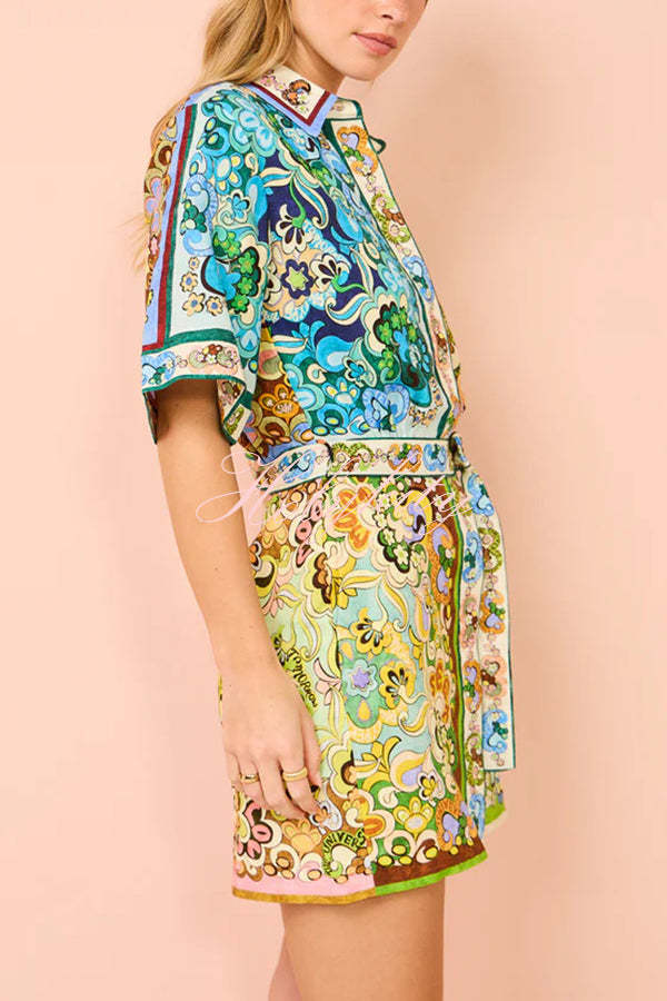 Sasha Linen Blend Unique Printed Shirt Style Tie-waist Mini Dress-tidenox