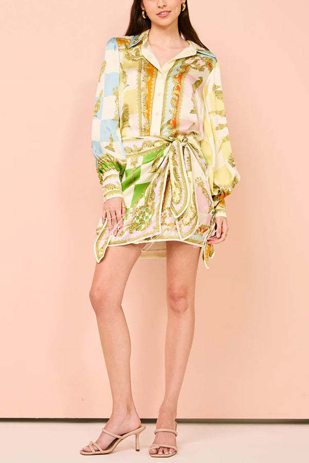 Vacay Mode Satin Unique Print Tie-up Design Wrap Mini Dress-tidenox