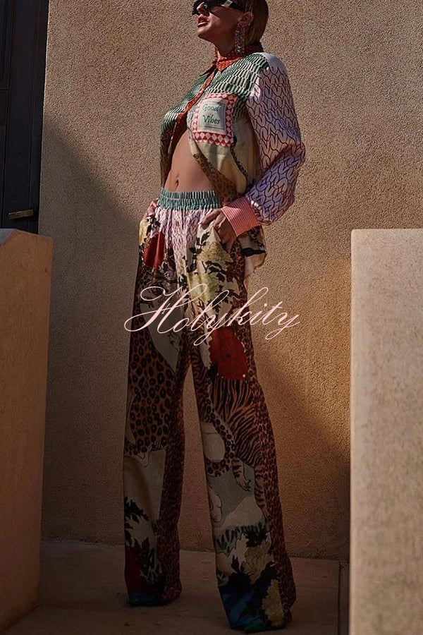Tropical Jungle Tiger Unique Print Long Sleeve Loose Shirt and Elastic Waist Pants Set-tidenox