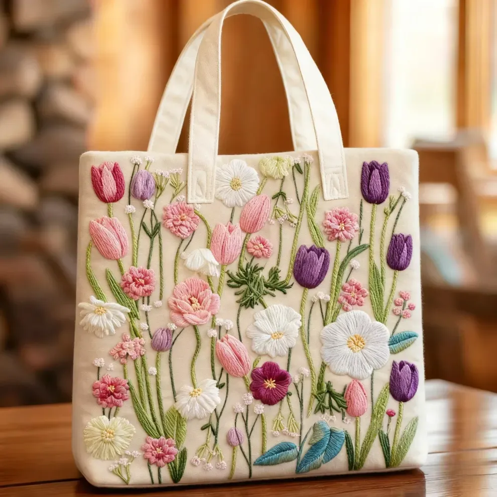 Whispers of Spring – Floral Embroidered Quilted Tote Bag