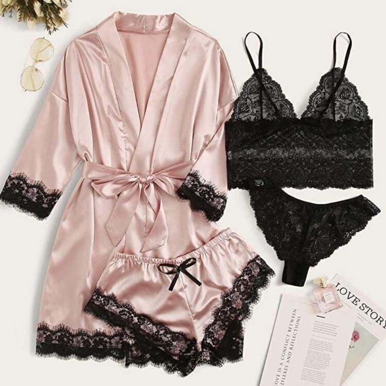🔥Valentine's Day 4 sets of lace satin sling pajamas set🌹-tidenox