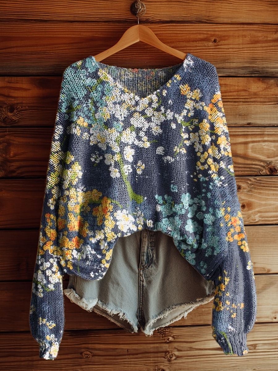 Women's Retro Flowers Print Casual V Neck Pullover Sweater-tidenox