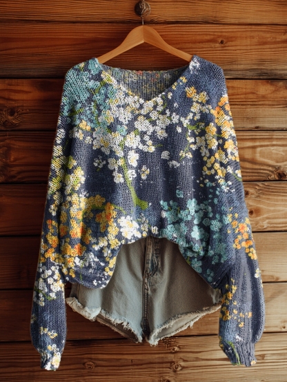 Women's Retro Flowers Print Casual V Neck Pullover Sweater-tidenox