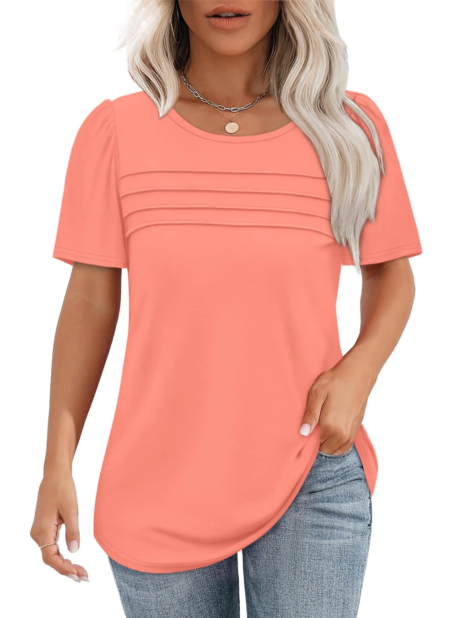⏰Hot Sale-Women's Short Sleeve Pleated Front Scooped Neck Tops-tidenox