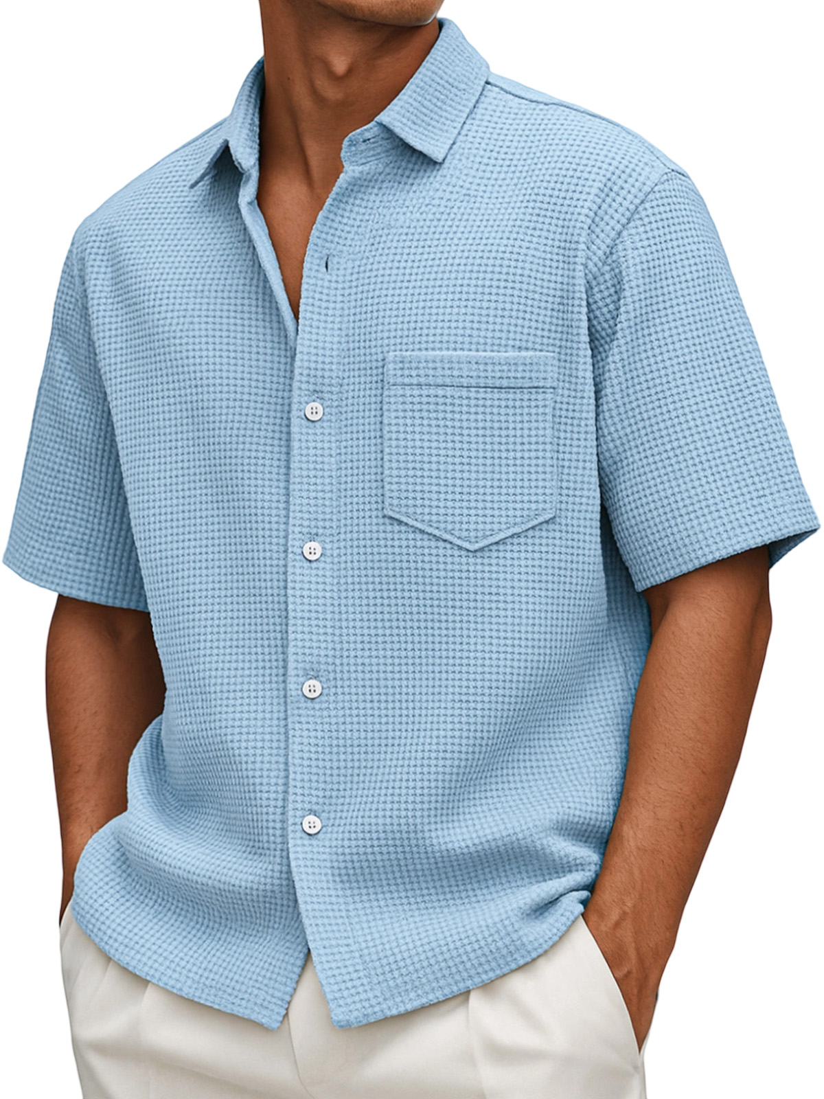Men's Loose Casual Waffle Solid Color Button Short Sleeve Shirt-tidenox
