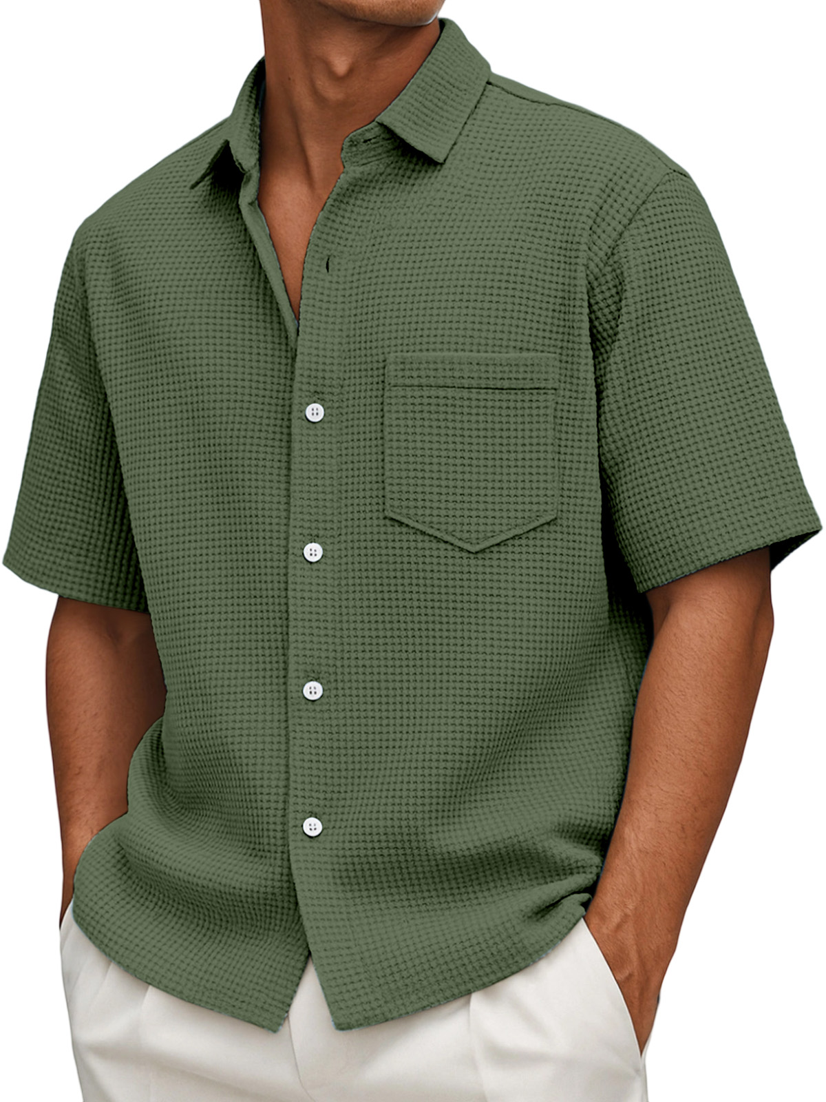 Men's Loose Casual Waffle Solid Color Button Short Sleeve Shirt-tidenox