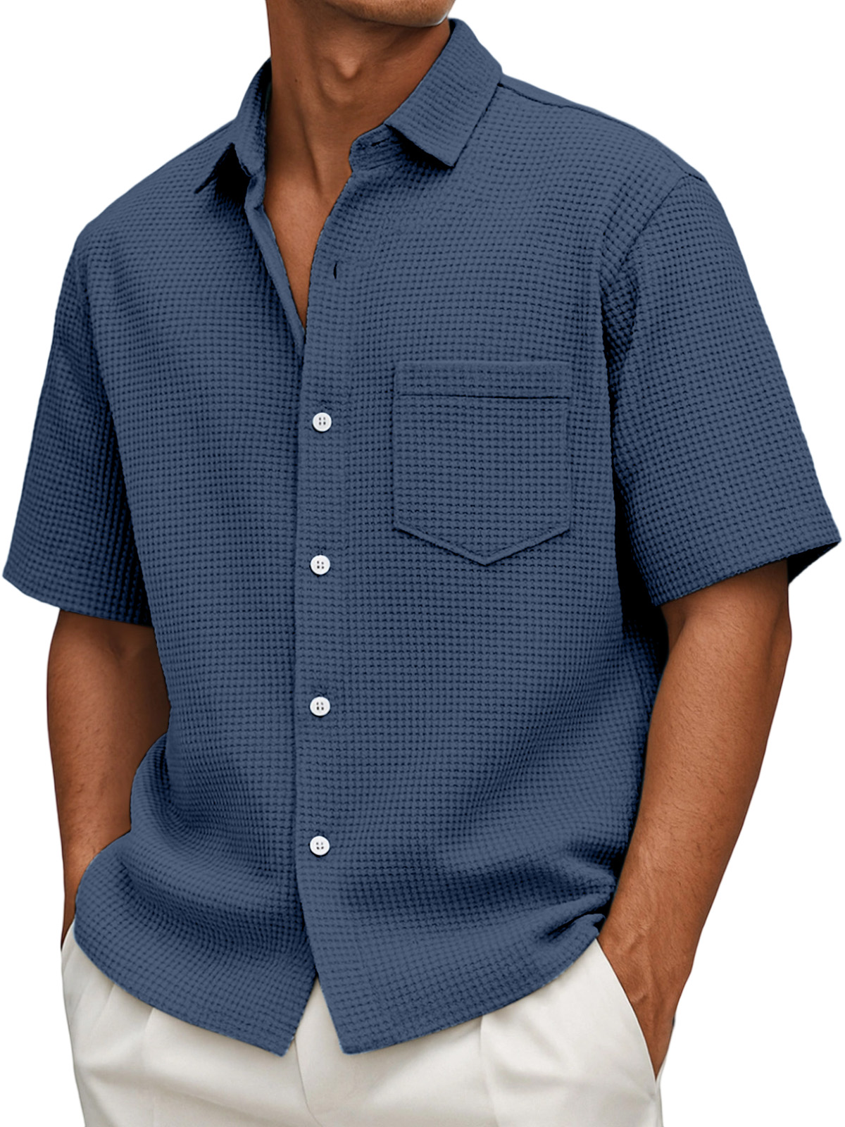 Men's Loose Casual Waffle Solid Color Button Short Sleeve Shirt-tidenox