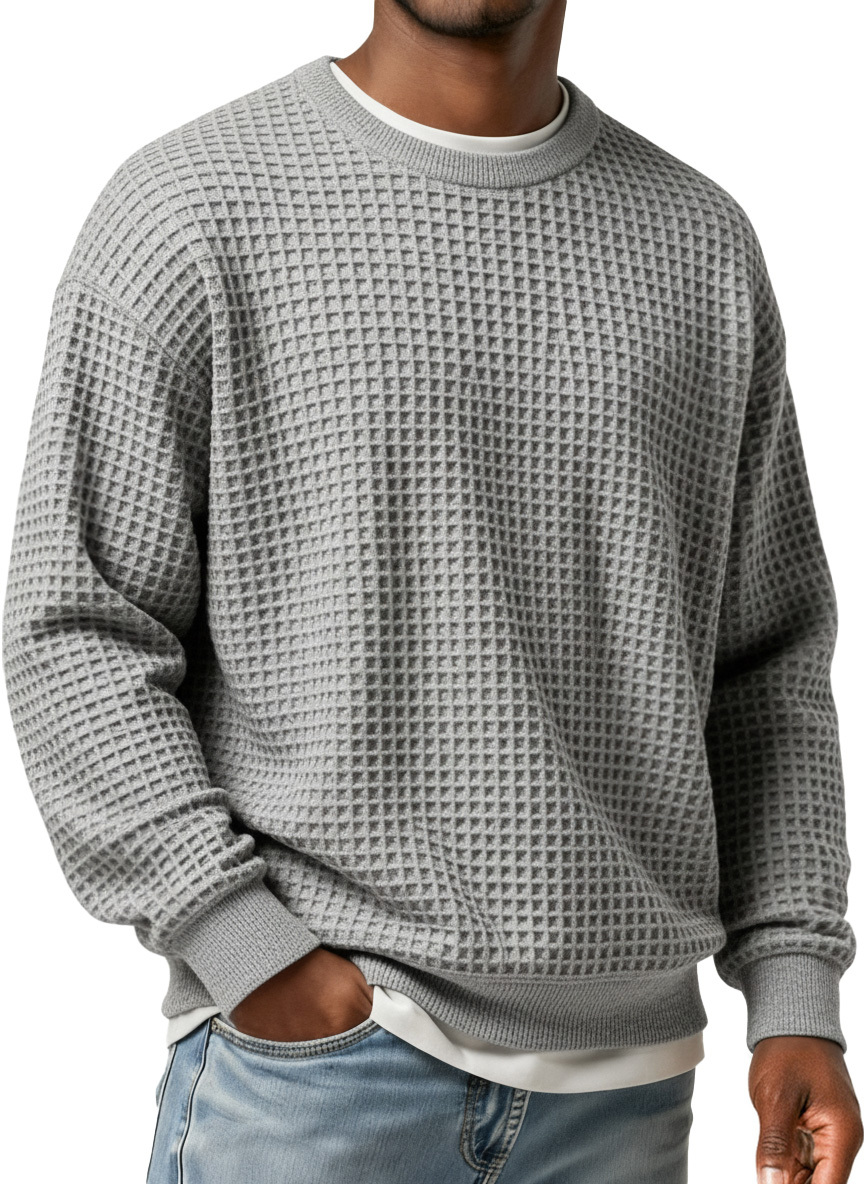 Men's Simple Waffle Round Neck Loose Casual Long-sleeved T-shirt-tidenox