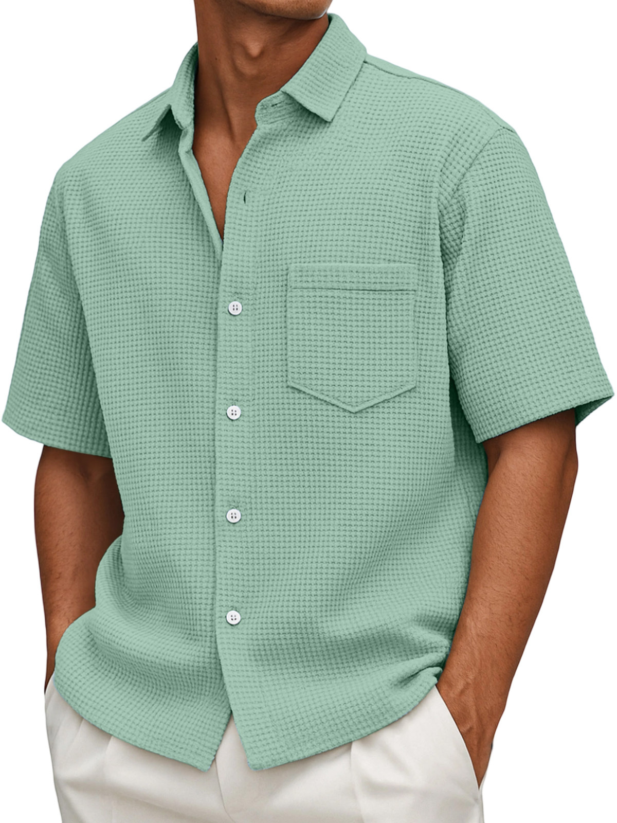 Men's Loose Casual Waffle Solid Color Button Short Sleeve Shirt-tidenox