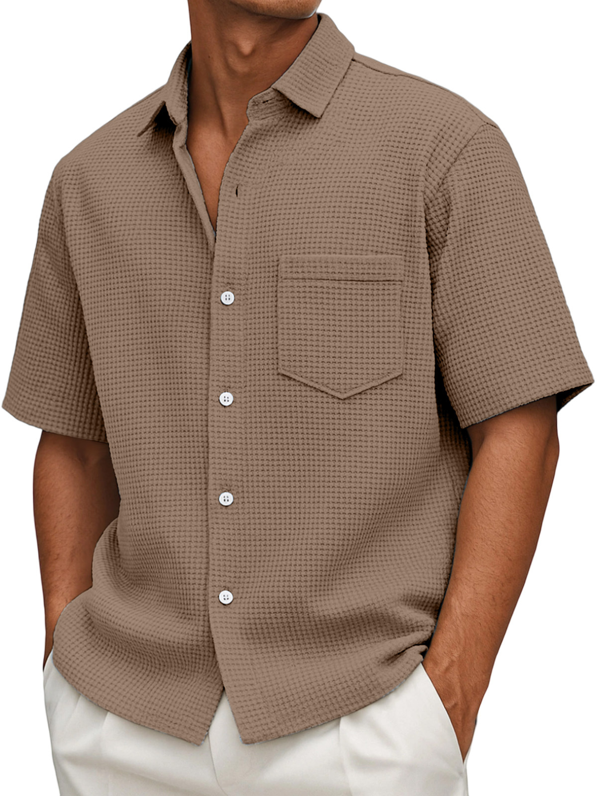 Men's Loose Casual Waffle Solid Color Button Short Sleeve Shirt-tidenox