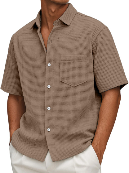 Men's Loose Casual Waffle Solid Color Button Short Sleeve Shirt-tidenox