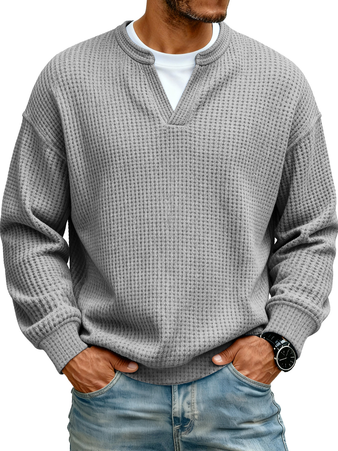 Men's Simple Waffle V-neck Fake Two-piece Casual Long-sleeved T-shirt-tidenox