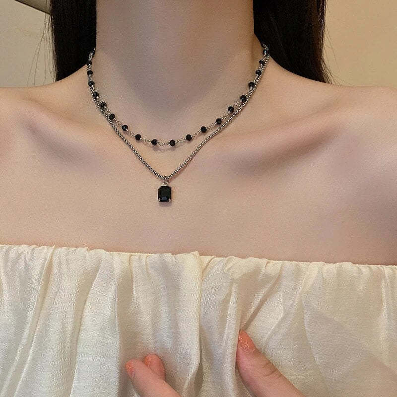 Black Pearl Double Strand Silver Necklace-tidenox