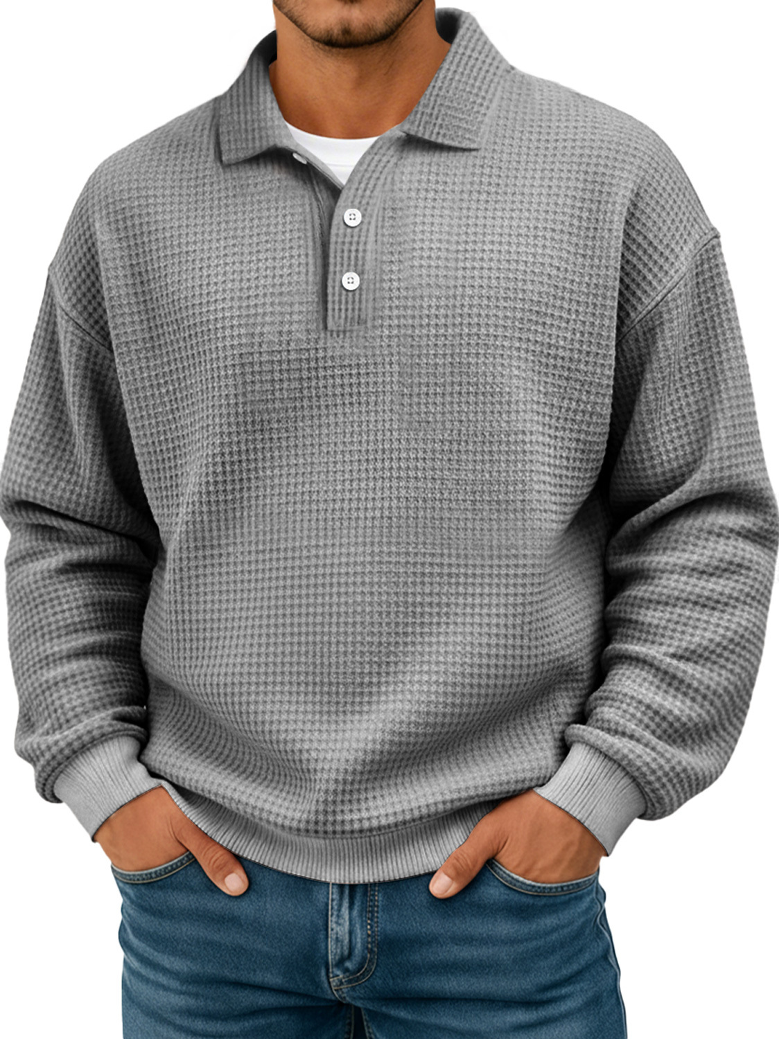 Simple waffle texture lapel button casual long-sleeved POLO shirt-tidenox