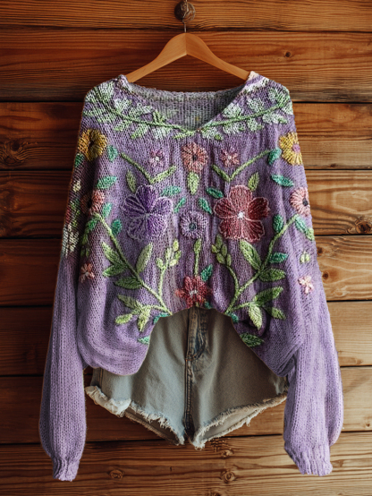 Women's Vintage Ethnic Floral Art Print Casual Pullover Sweater-tidenox