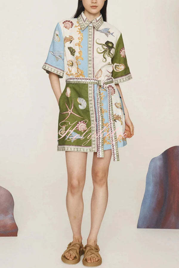 Deep Sea Dreaming Linen Blend Unique Print Tie-up Pocketed Shirt Mini Dress-tidenox