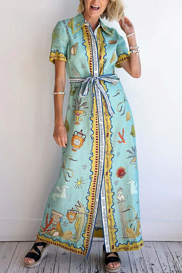 Deep Sea Dreaming Linen Blend Unique Print Short Sleeve Tie-up Shirt Maxi Dress-tidenox