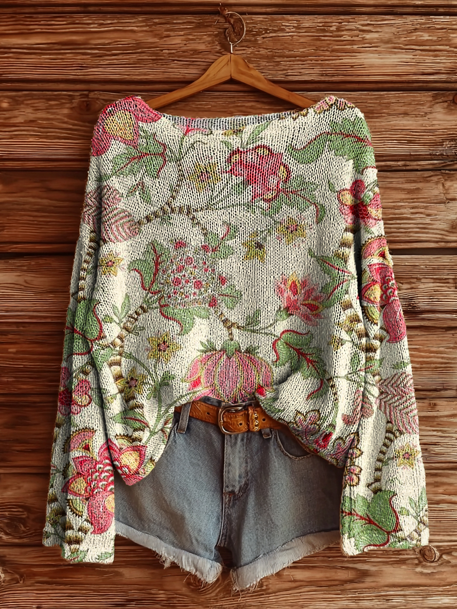 Women's Vintage Ethnic Floral Art Print Casual Pullover Sweater-tidenox