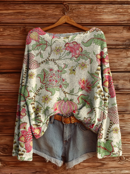 Women's Vintage Ethnic Floral Art Print Casual Pullover Sweater-tidenox